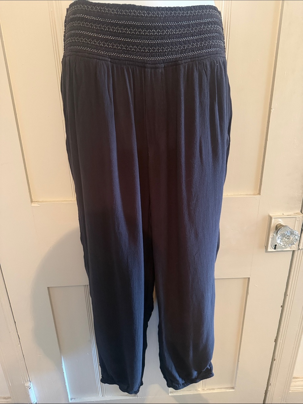 Anthropologie Navy Smocked-Waist Joggers with Gathered Hems
